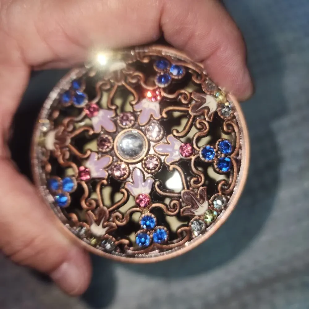 FLORAL ENAMEL BRONZE TONE METAL RHINESTONE TRINKET BOX